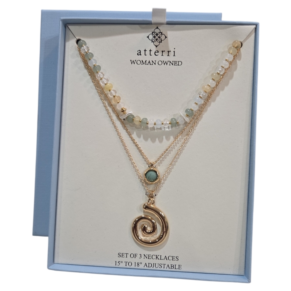 💛🔹️Atterri 🔹️Gold and Green  Spiral Set Of 4 Beaded Up To 18in Necklace Trio